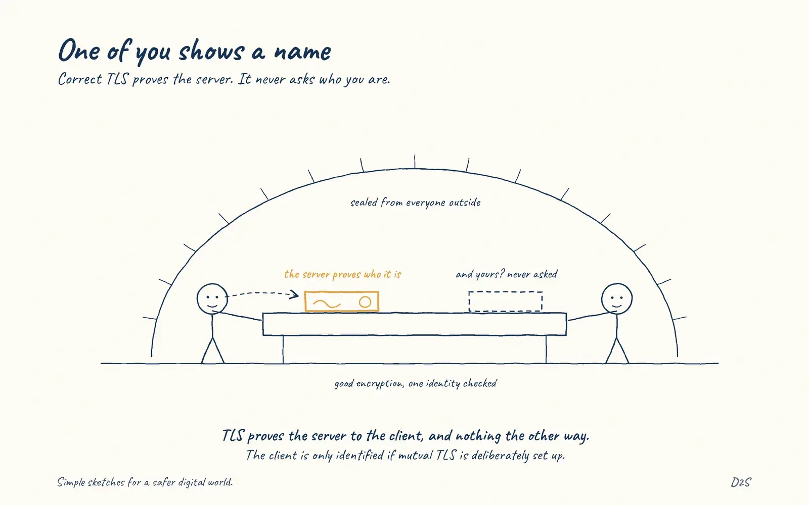 Hand-drawn sketch: One of you shows a name. Correctly configured TLS protects data in transit and proves the server's identity to the client.
