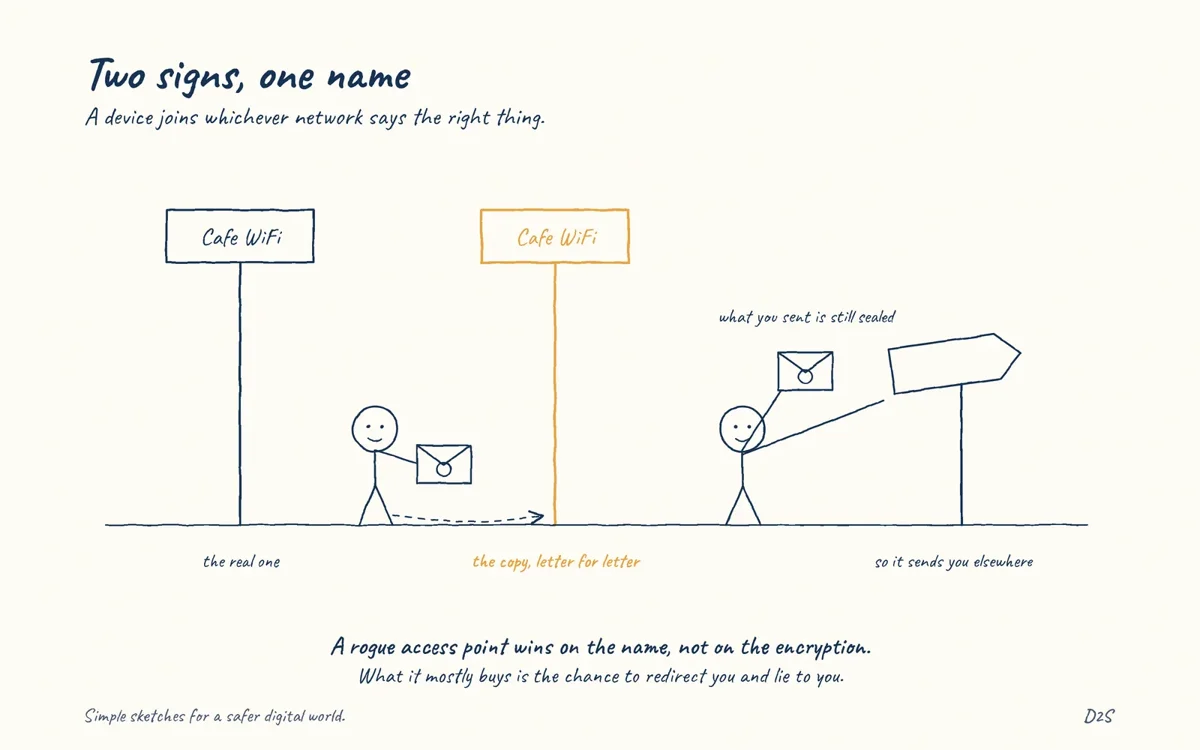 Hand-drawn sketch: Two signs, one name. A rogue access point imitating a trusted network gets devices to associate with it.