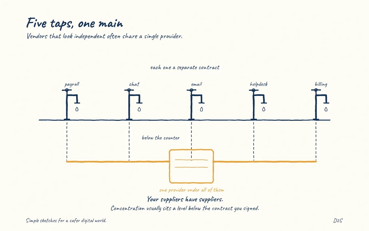 Hand-drawn sketch: Five taps, one main. Your suppliers have suppliers.