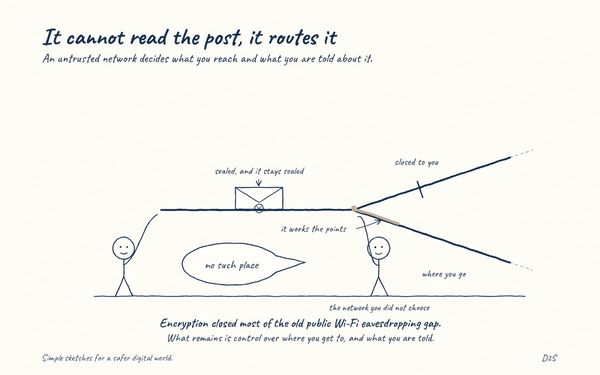 Hand-drawn sketch: It cannot read the post, it routes it. An untrusted network decides what you reach and what you are told about it.