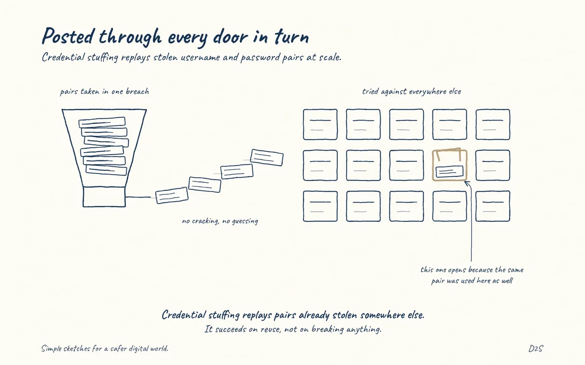 Hand-drawn sketch: Posted through every door in turn. Credential stuffing replays stolen username and password pairs at scale.
