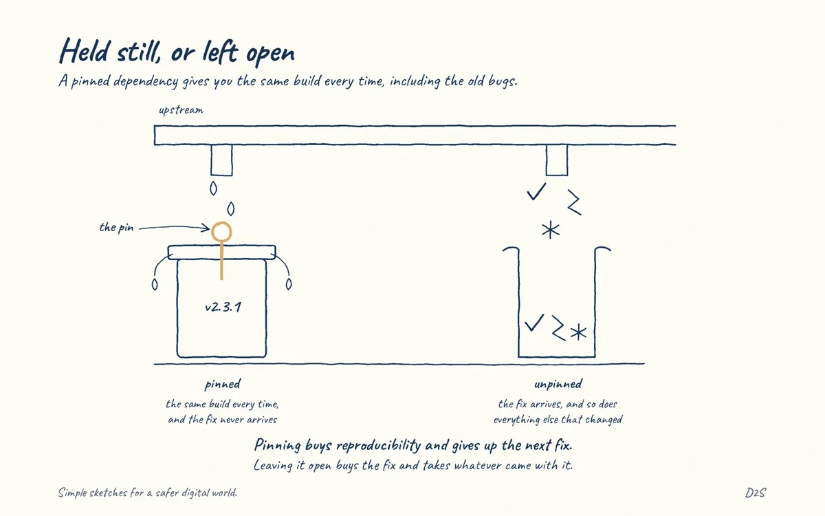 Hand-drawn sketch: Held still, or left open. Pinning a dependency makes builds reproducible and stops you receiving fixes.
