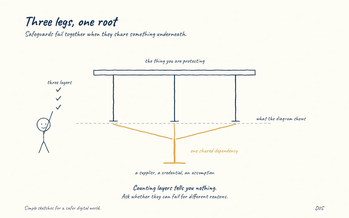 Hand-drawn sketch: Three legs, one root. Safeguards fail together when they share something underneath.