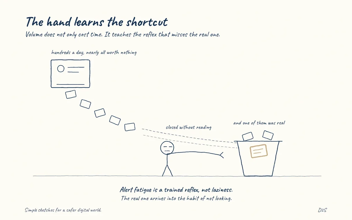 Hand-drawn sketch: The hand learns the shortcut. Volume does not only cost time. It teaches the reflex that misses the real one.