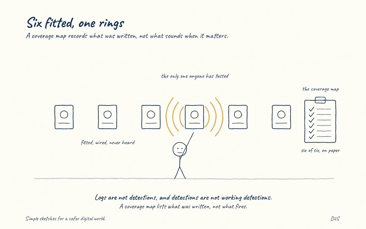 Hand-drawn sketch: Six fitted, one rings. A coverage map records what was written, not what sounds when it matters.