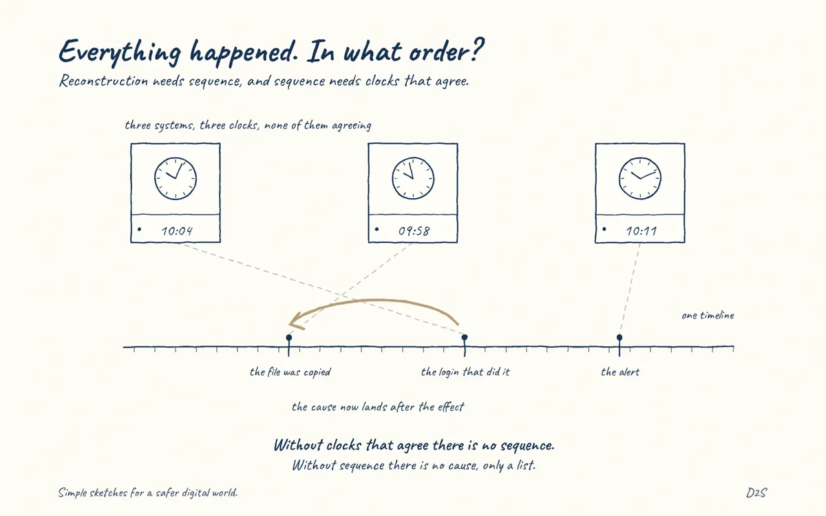 Hand-drawn sketch: Everything happened. Reconstructing an incident means ordering events across many systems.