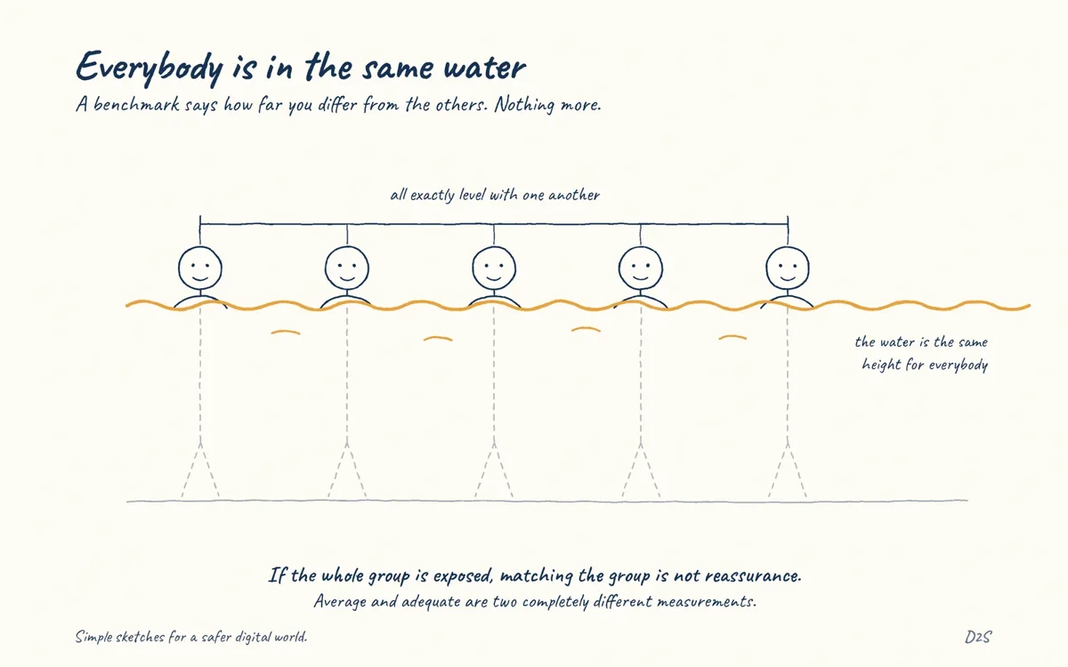 Hand-drawn sketch: Everybody is in the same water. A benchmark says how far you differ from the others. Nothing more.