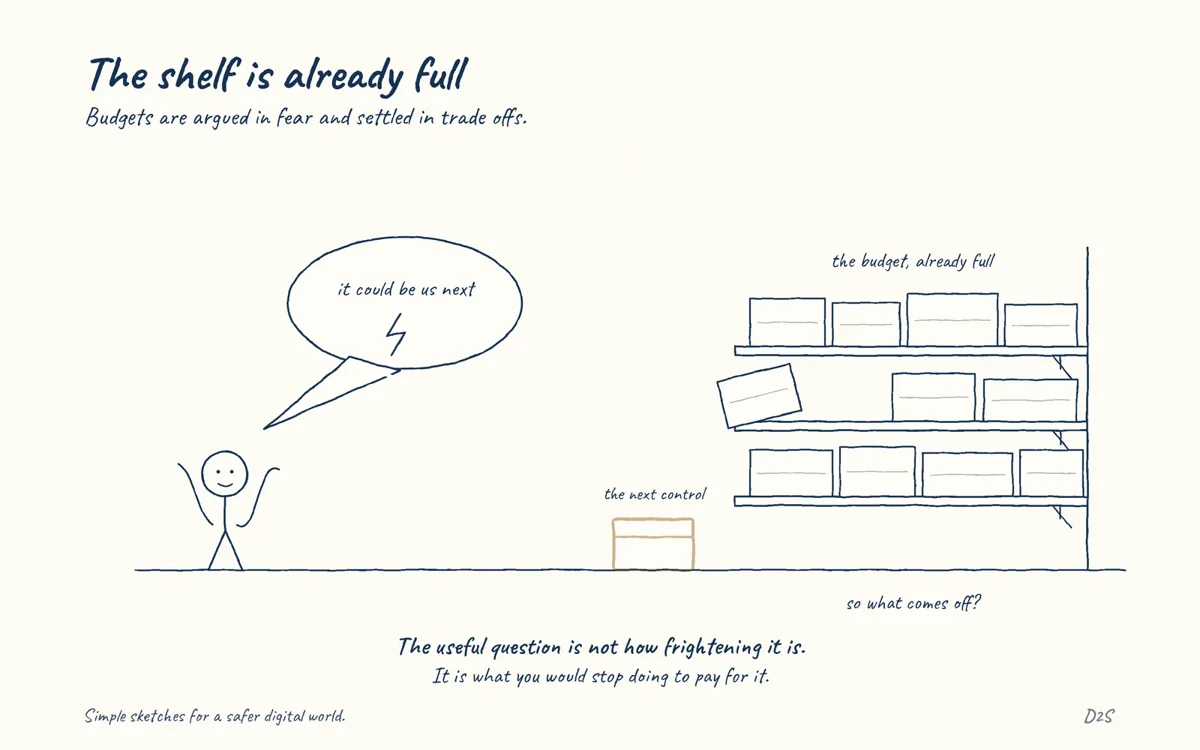 Hand-drawn sketch: The shelf is already full. Security budgets are argued for in the language of fear and settled in the language of trade-offs.