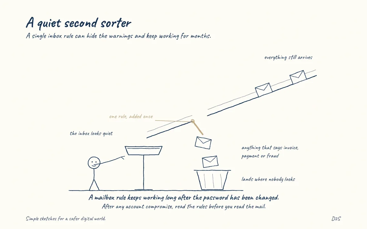 Hand-drawn sketch: A quiet second sorter. A single inbox rule can hide the warnings and keep working for months.