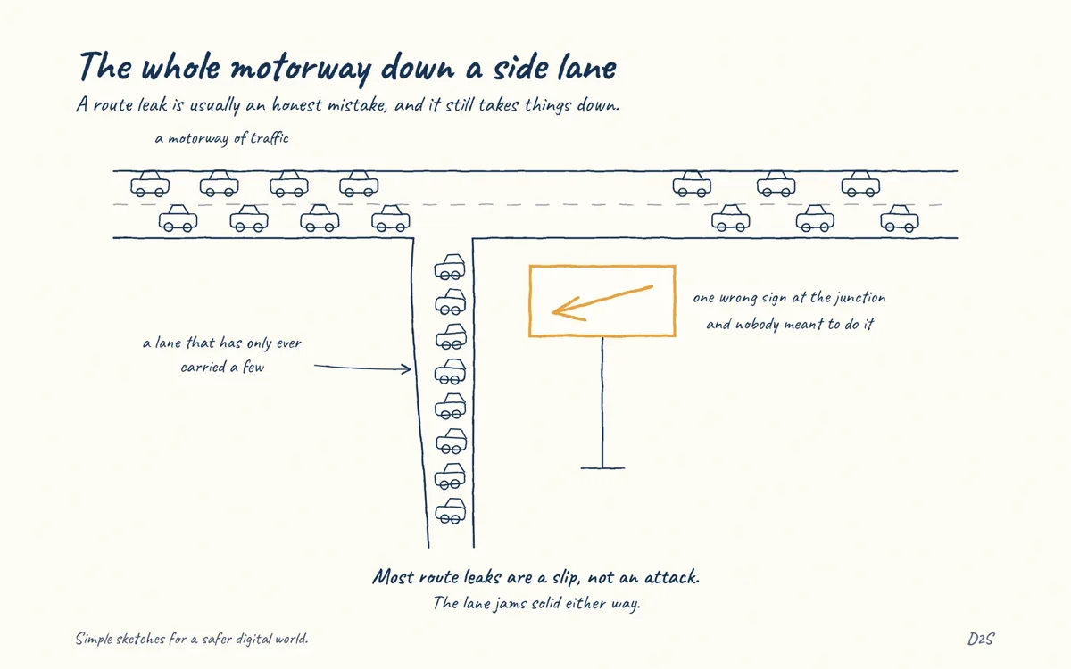 Hand-drawn sketch: The whole motorway down a side lane. A route leak is usually an honest mistake, and it still takes things down.