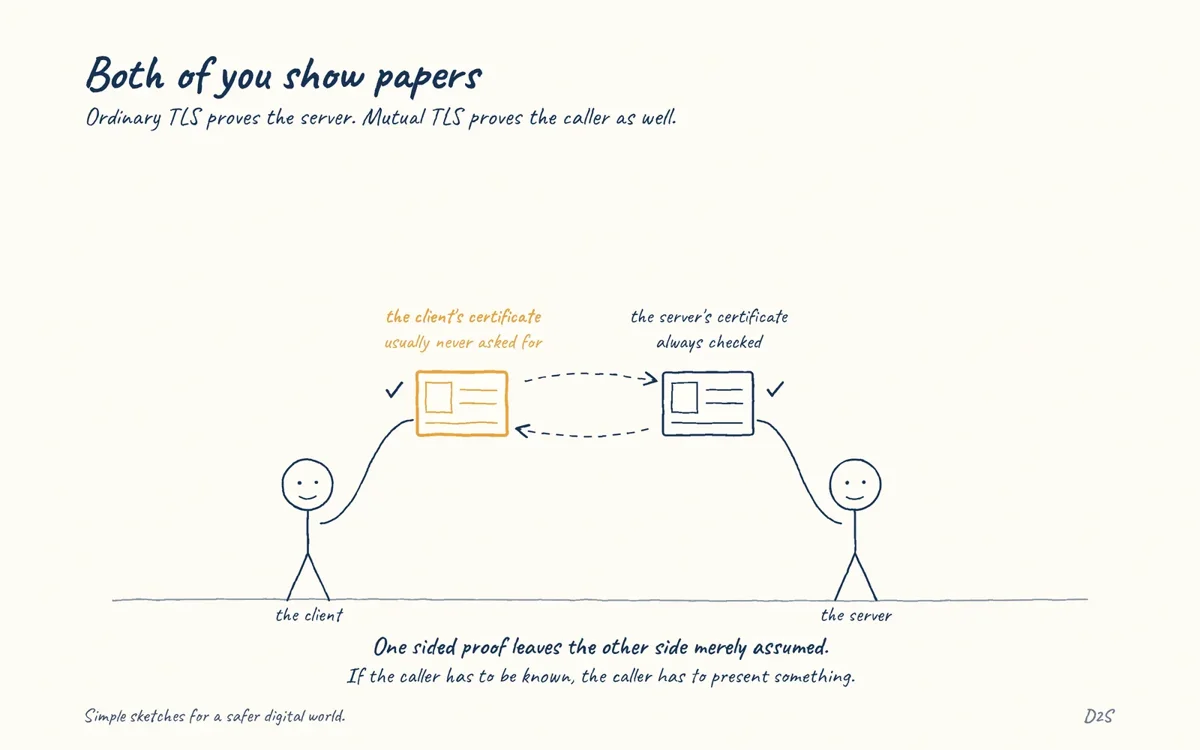 Hand-drawn sketch: Both of you show papers. Ordinary TLS proves the server. Mutual TLS proves the caller as well.