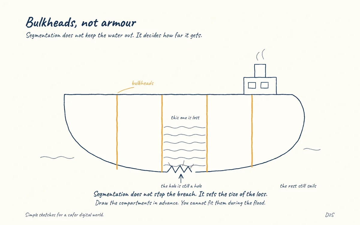 Hand-drawn sketch: Bulkheads, not armour. Segmentation limits paths, not compromise itself.