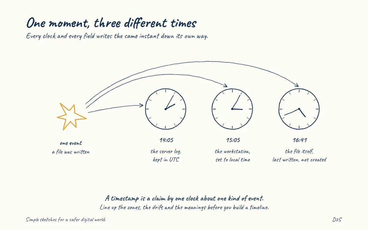 Hand-drawn sketch: One moment, three different times. Every clock and every field writes the same instant down its own way.