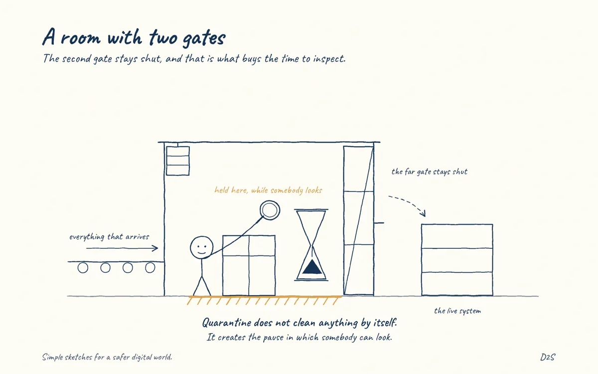 Hand-drawn sketch: A room with two gates. The second gate stays shut, and that is what buys the time to inspect.