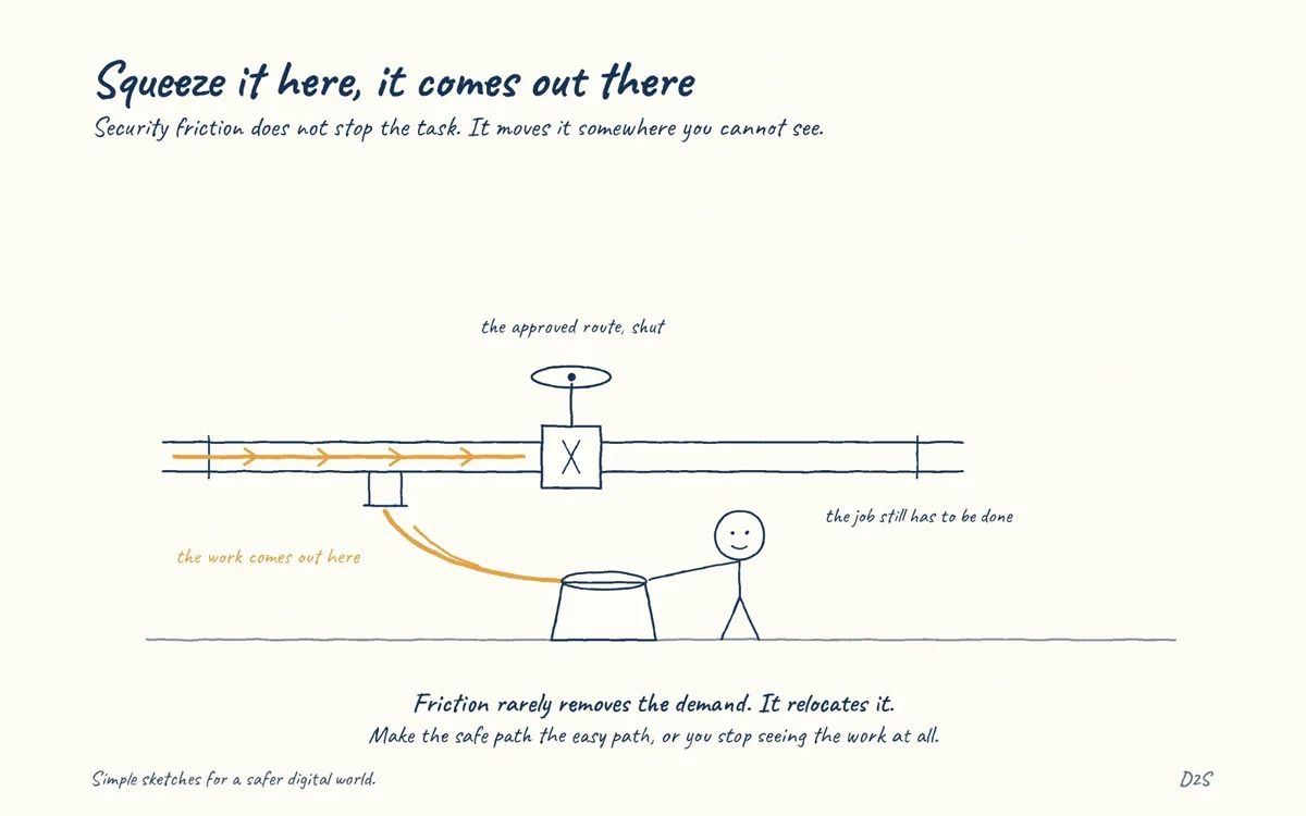 Hand-drawn sketch: Squeeze it here, it comes out there. Security friction does not stop the task. It moves it somewhere you cannot see.