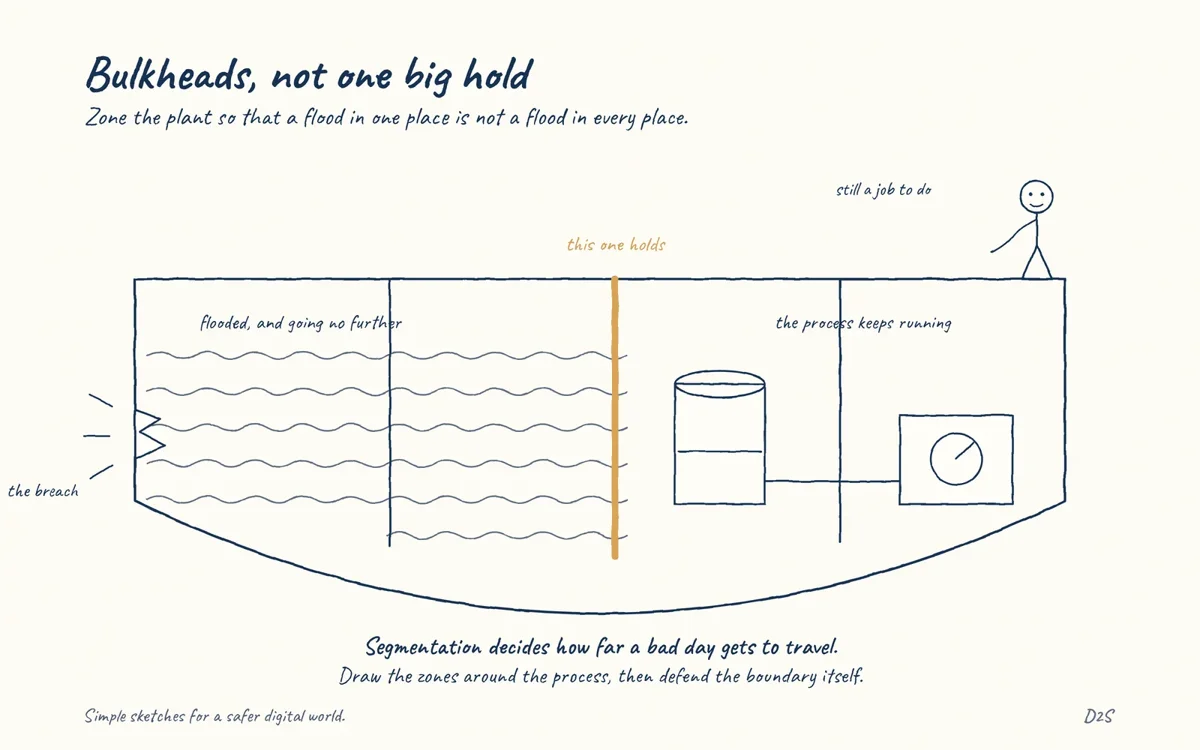 Hand-drawn sketch: Bulkheads, not one big hold. Zone the plant so that a flood in one place is not a flood in every place.
