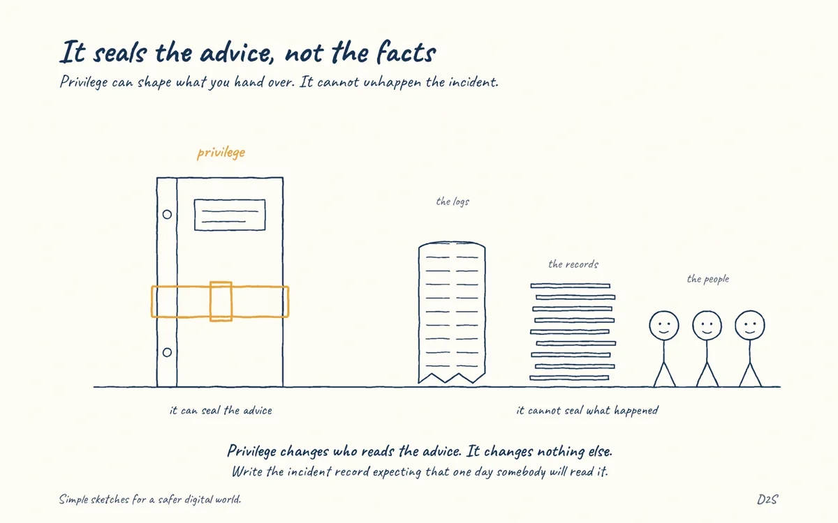 Hand-drawn sketch: It seals the advice, not the facts. Privilege can shape what you hand over. It cannot unhappen the incident.
